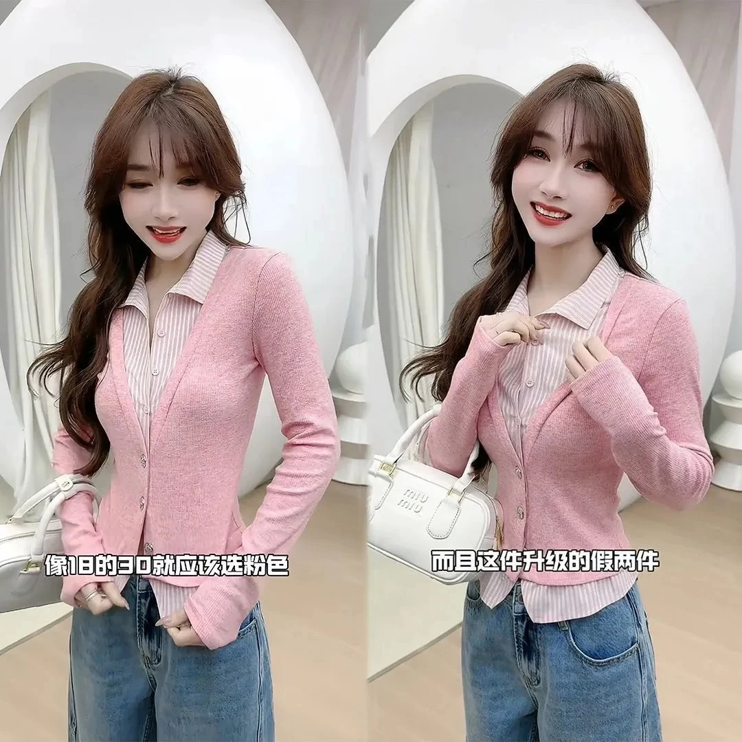 韩系多巴胺条纹拼接Polo领长袖针织衫女2025春夏新款假两件上衣潮