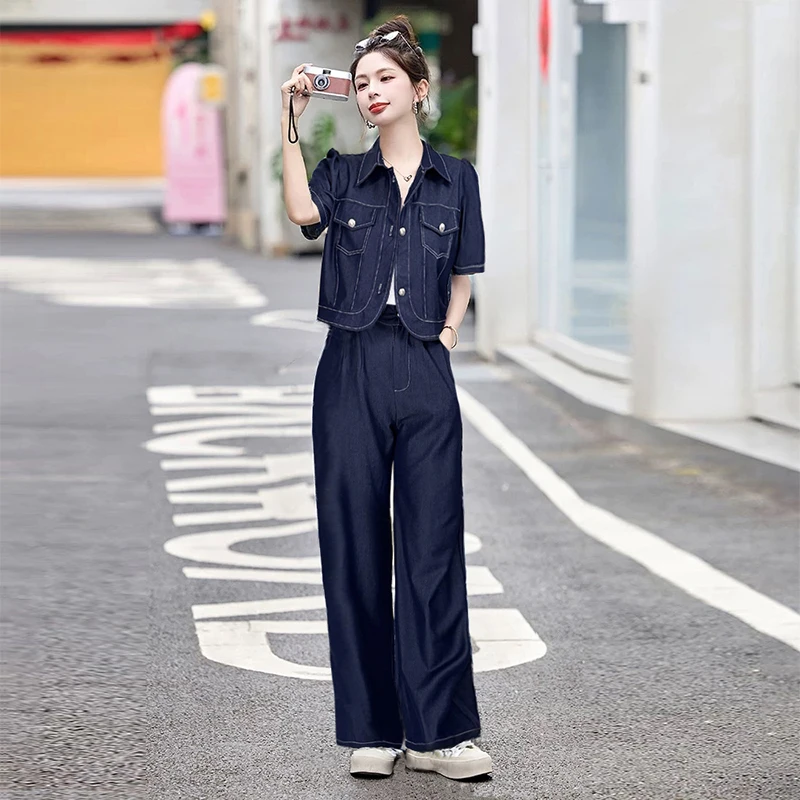 夏季新款时尚气质显瘦立领开扣短袖上衣加休闲裤牛仔套装女两件套