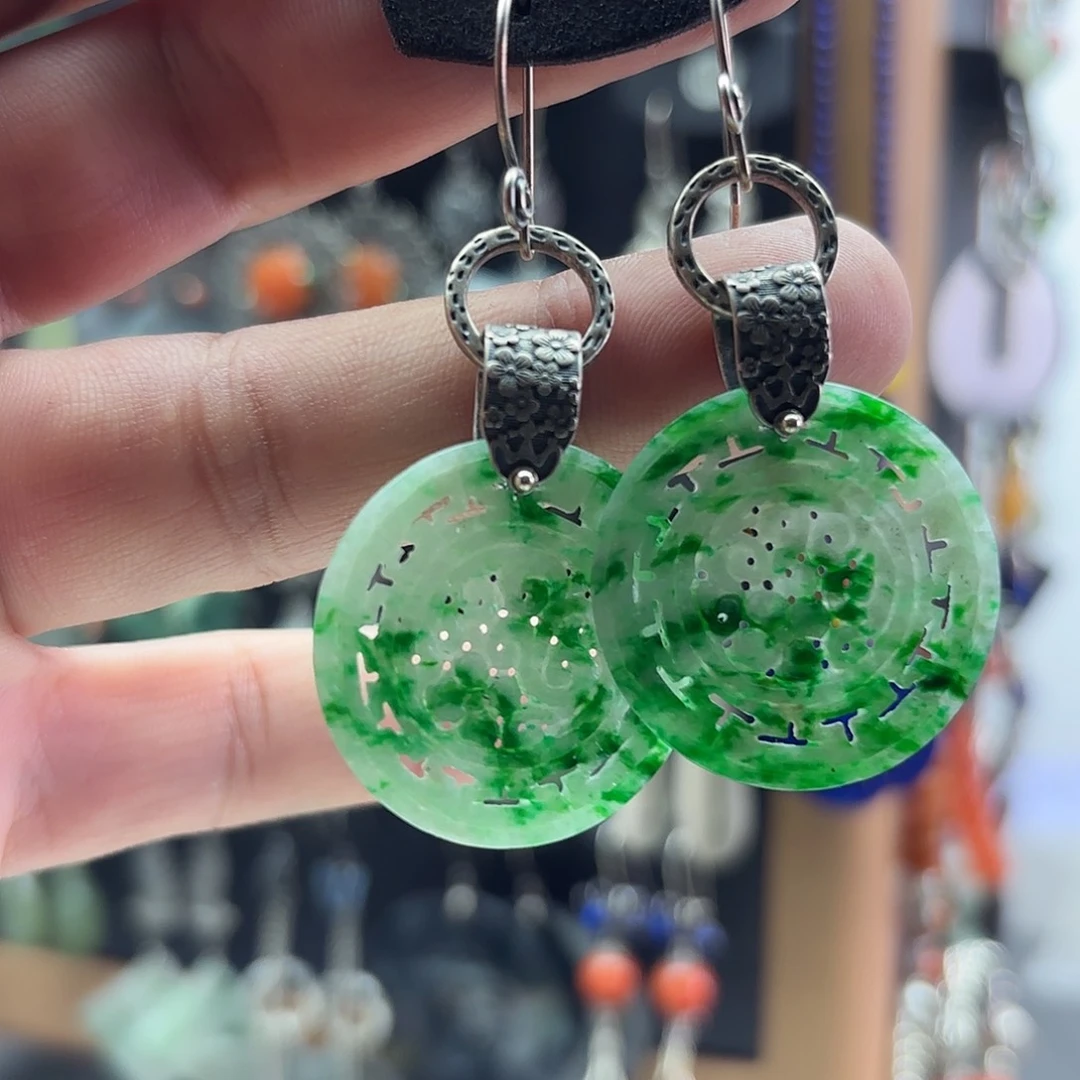 木***木翡翠银S925镶嵌耳饰