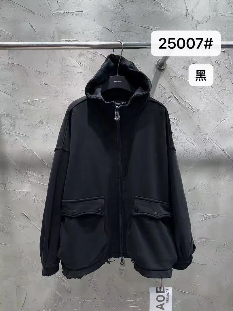 【左绣定制】2025欧版原创重工水洗连帽大口袋外套25007