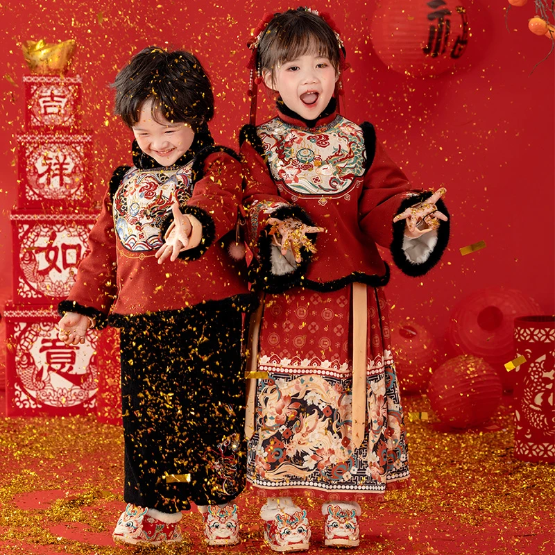 萌乎【泽灵】龙年刺绣国风加棉马甲连衣裙两件套拜年服-234649