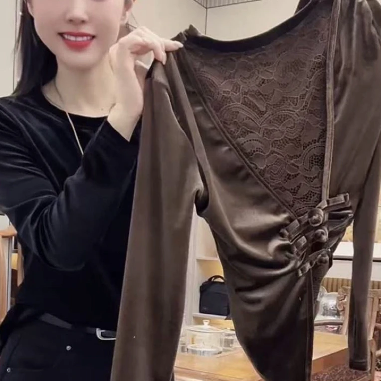 851款拼接常规款长袖蕾丝常规镂空T恤修身显瘦网红上衣