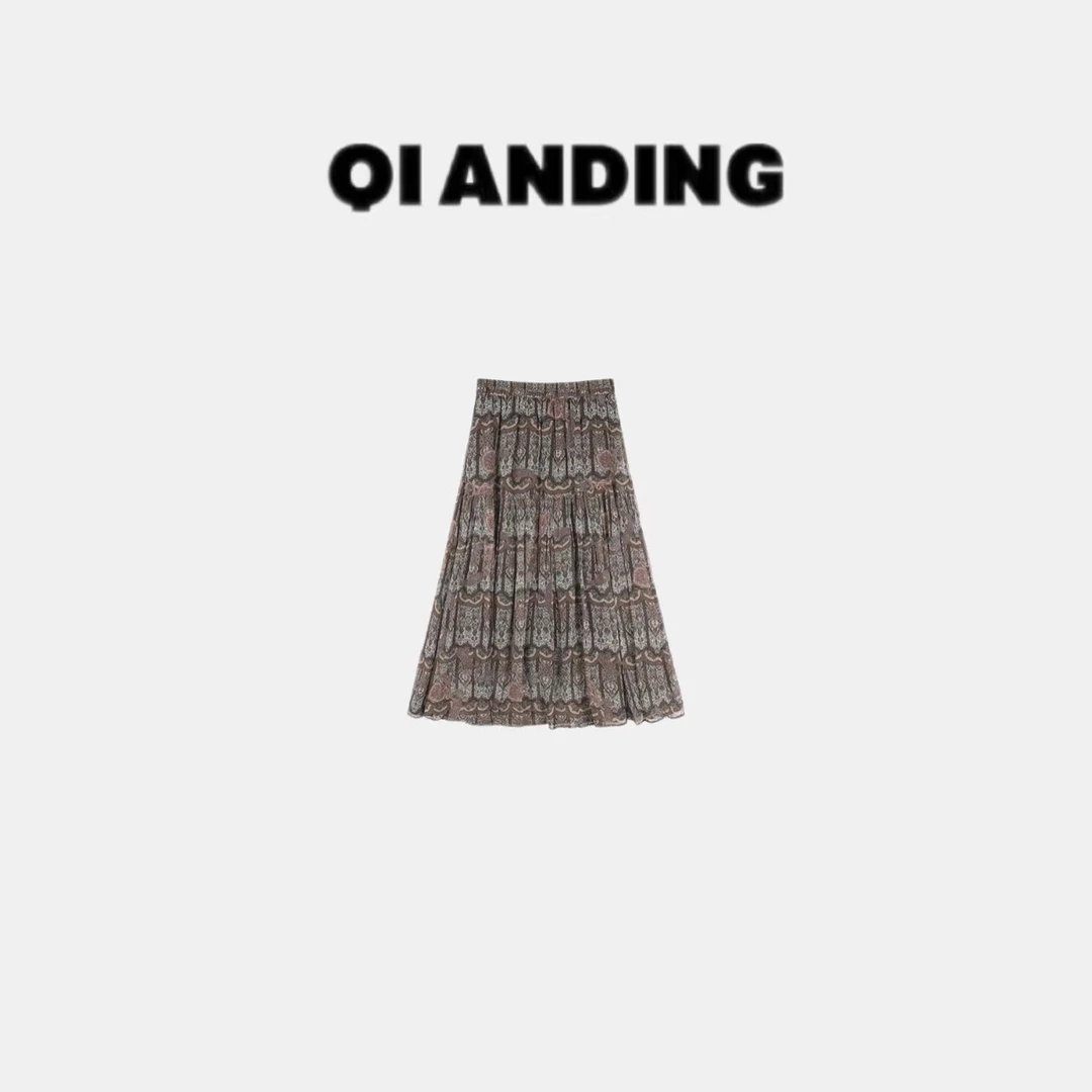 【QIANDING】25新款设计感异域度假定制印花半身裙25507