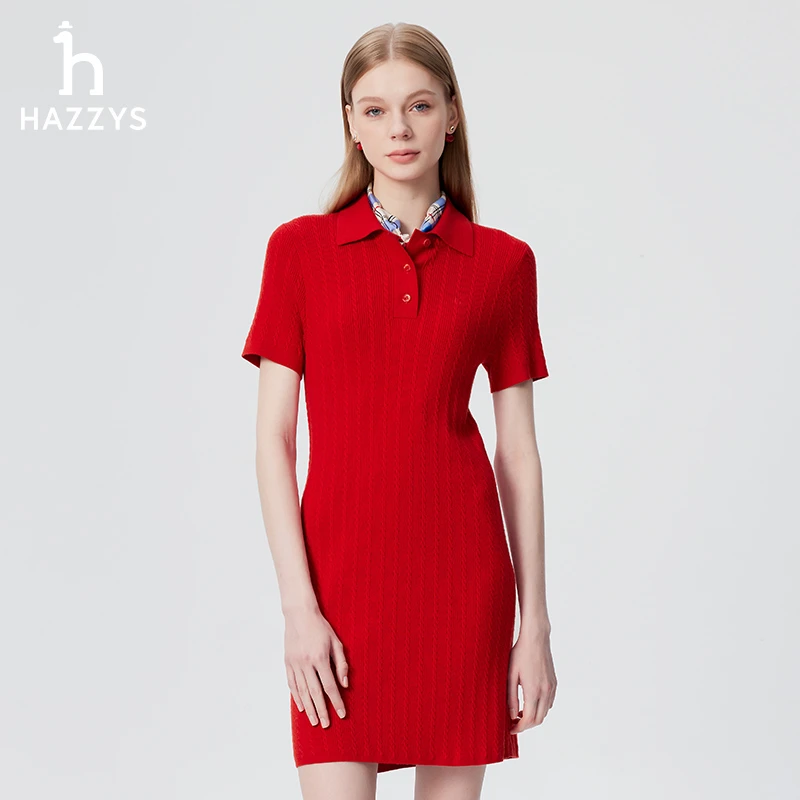 【新年系列】Hazzys哈吉斯女士春季红色短袖polo针织连衣裙时尚女装