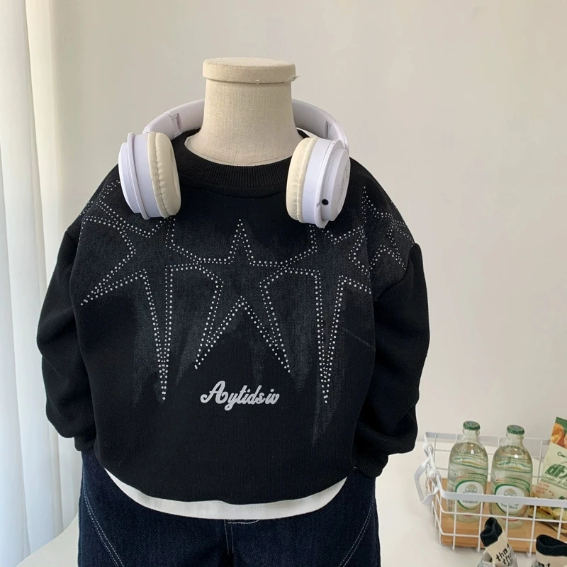 男童春款黑色卫衣帅气男孩韩版时髦上衣2025新款中小童宽松套头衫