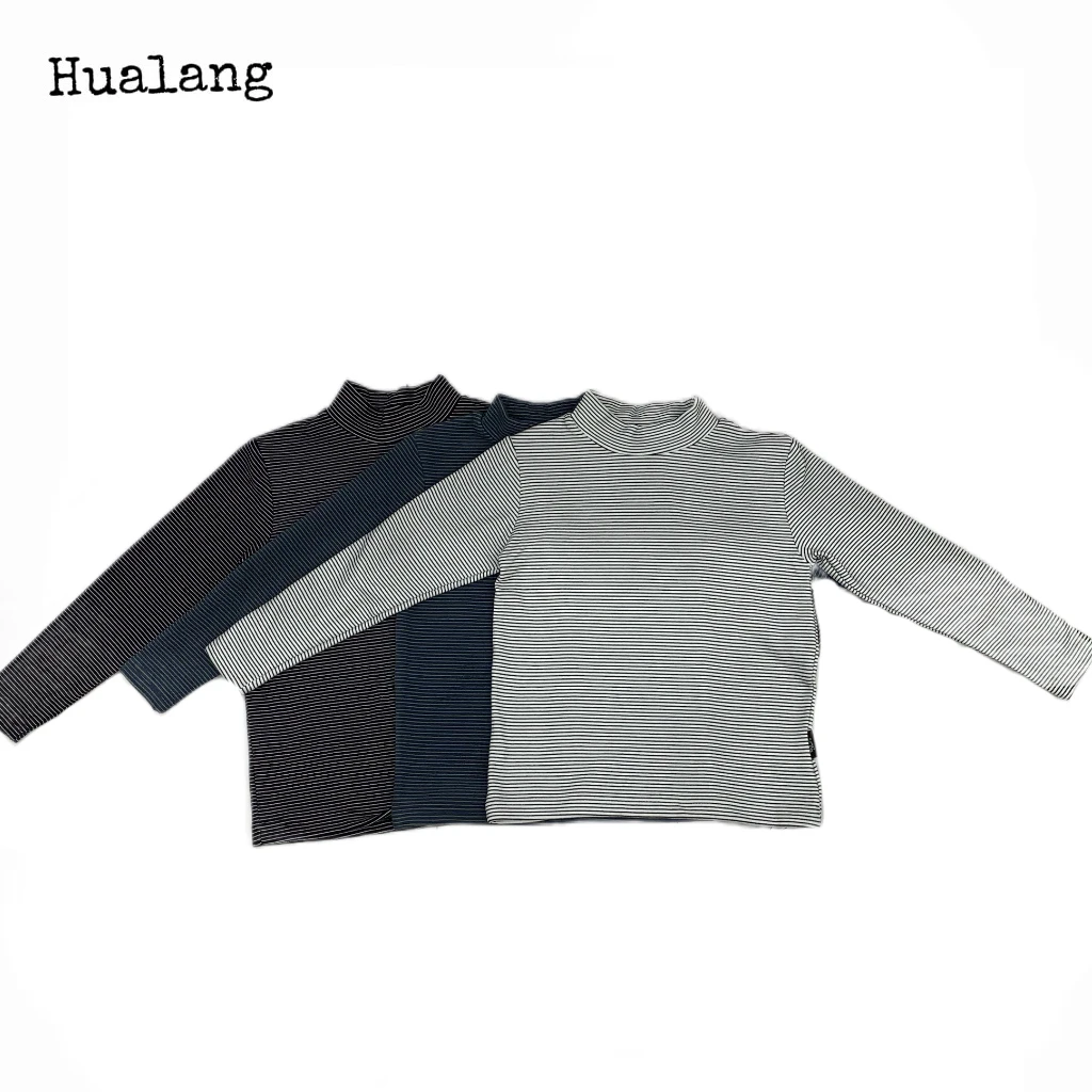 3053款儿童打底衫女童长袖男童宝宝加绒条纹半高领加厚