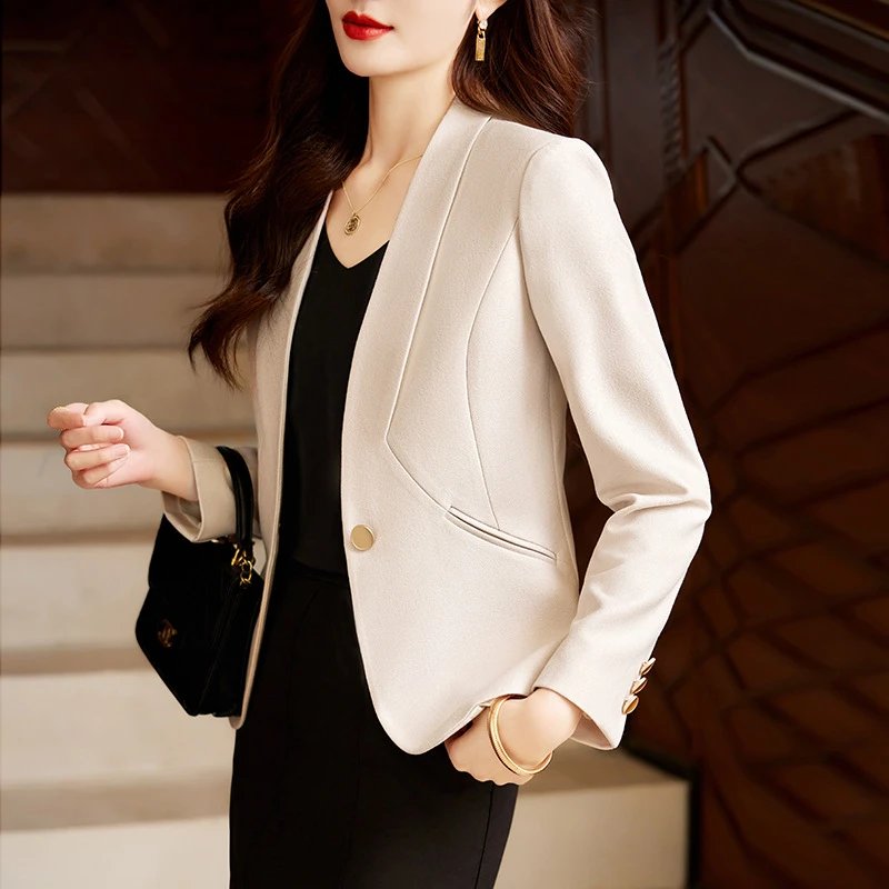米白色无领西装外套女春季2025新款高级感气质小个子休闲西服上衣