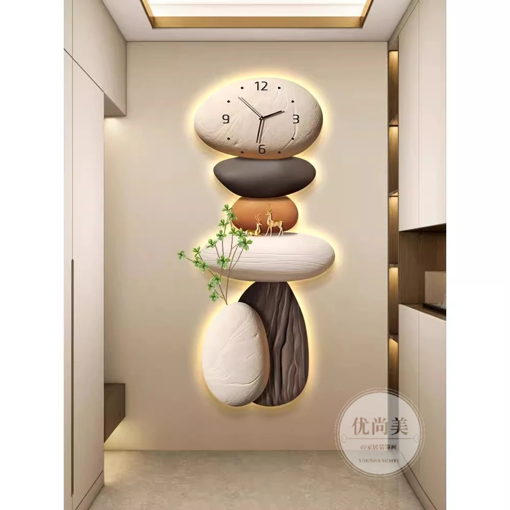 石来运转入户玄关装饰画带钟表发光灯画走廊尽头电视墙好寓意挂画