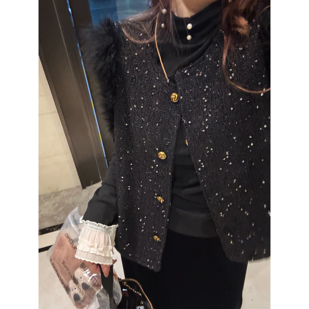 NS「晚宴流光」法式奢华风亮片拼接毛毛肩部设计感网红气质马夹马甲