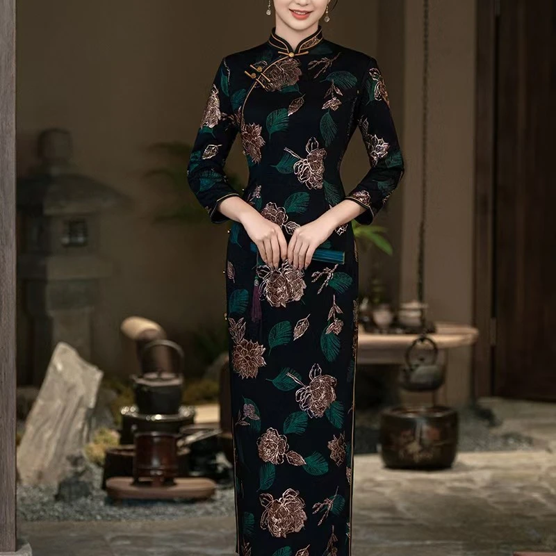 〔叶锦S〕旗袍春款新中式国风复古改良修身显瘦气质连衣裙长款开叉