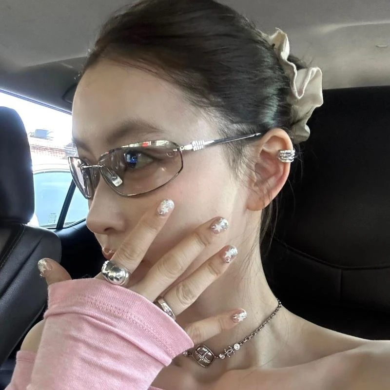 复古欧美风无框水银色Y2K亚裔辣妹风网感墨镜女方圆脸显瘦太阳镜