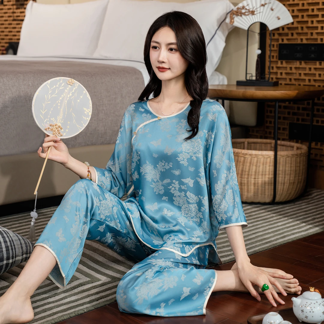 达芬奇密码国风提花两件套冰丝睡衣女七分袖妈妈款家居服礼盒套装