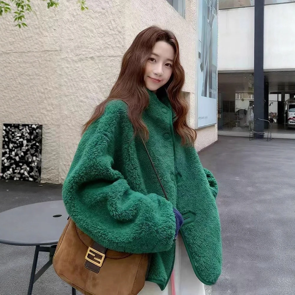 绿色羊羔毛外套女宽松慵懒高级感时尚洋气百搭独特漂亮巨好看上衣
