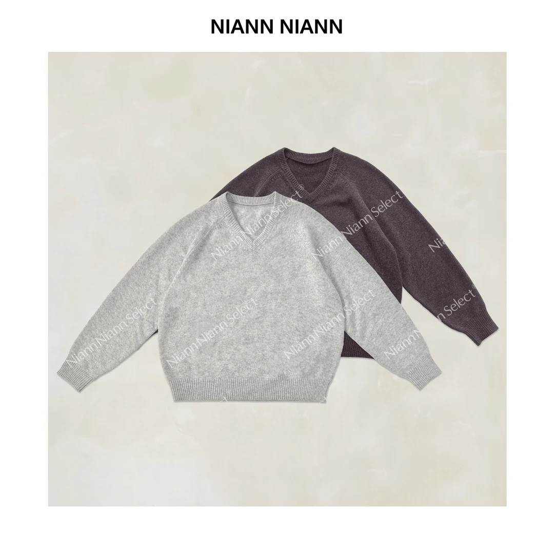 NiannNiann 新品复古宽松V领100康赛妮重磅高克重花纱羊绒衫16516