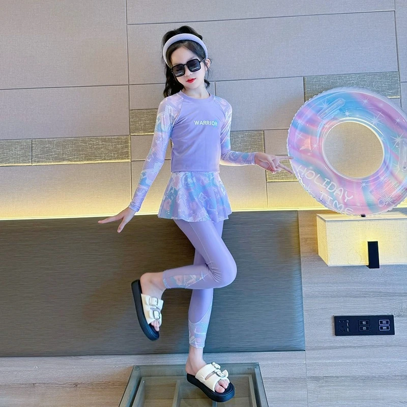 儿童泳衣宝宝女童分体洋气长袖泳装速干新款甜美中大童游泳衣套装