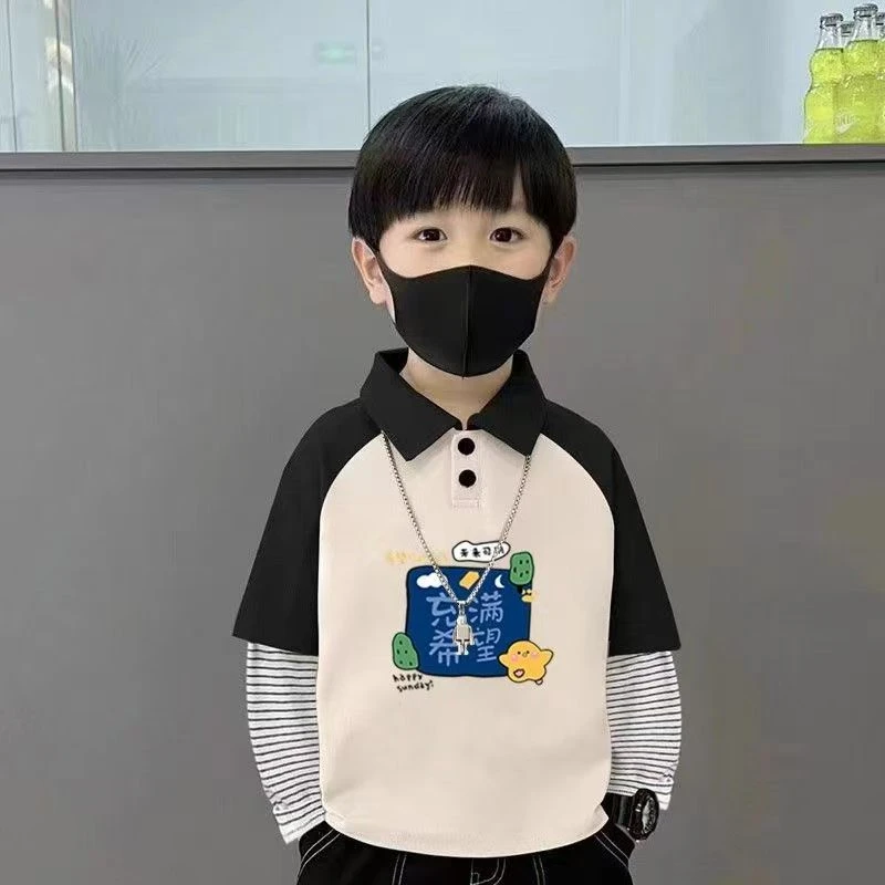 春秋季长袖新款宽松型短袖通用男女童POLO衫春秋假两件百搭打底衫