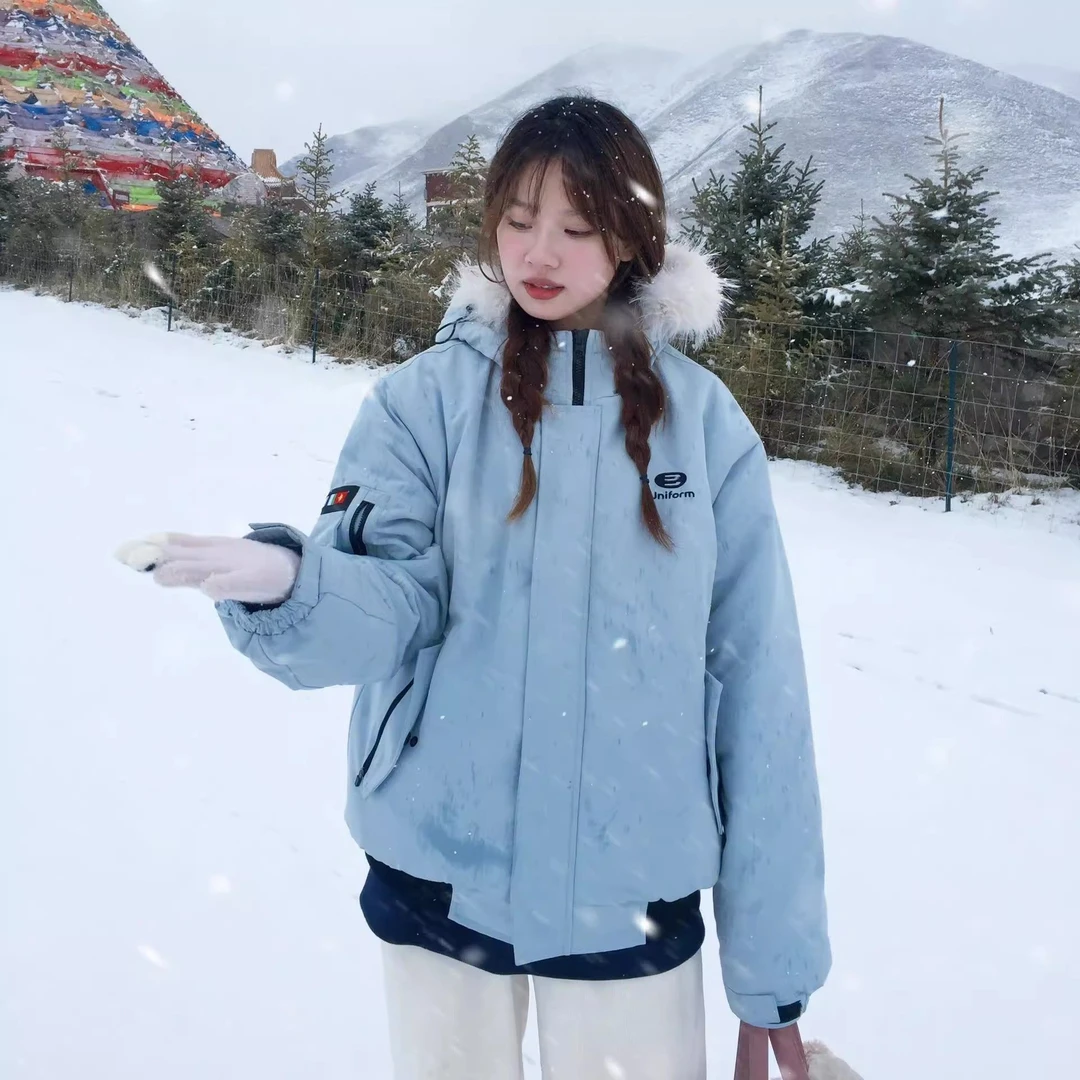 NASAOVER冬季加厚毛领小个子棉衣连帽派克服美式工装棉服情侣外套