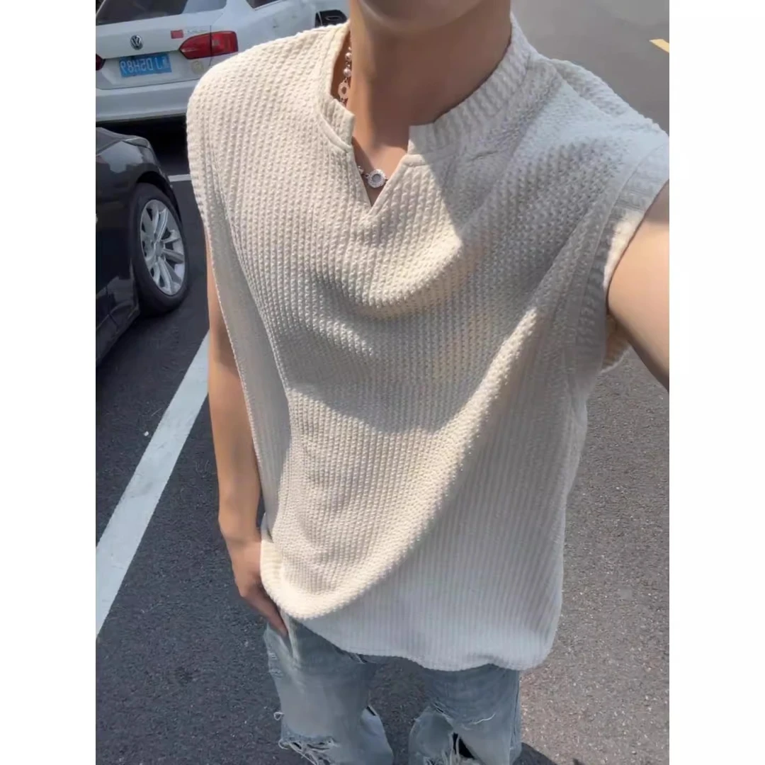 冰丝坎肩背心男款夏季褶皱肌理感无袖v领t恤美式篮球健身运动汗衫