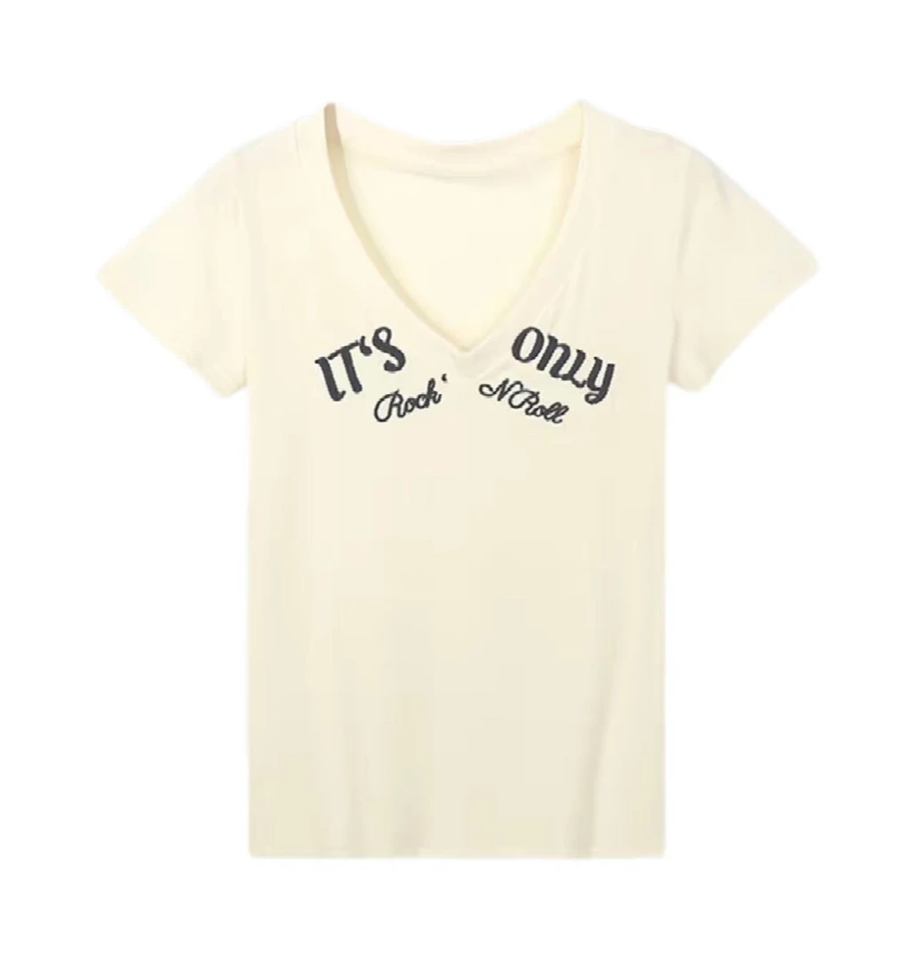 SHINING7 美式V领刺绣字母修身显瘦正肩短袖T恤