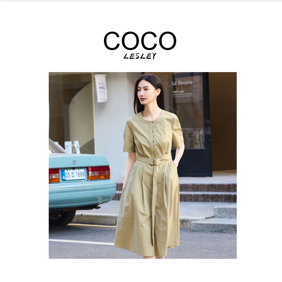 【澳门港正品】气质短袖宽松系带收腰显瘦A字裙连衣裙