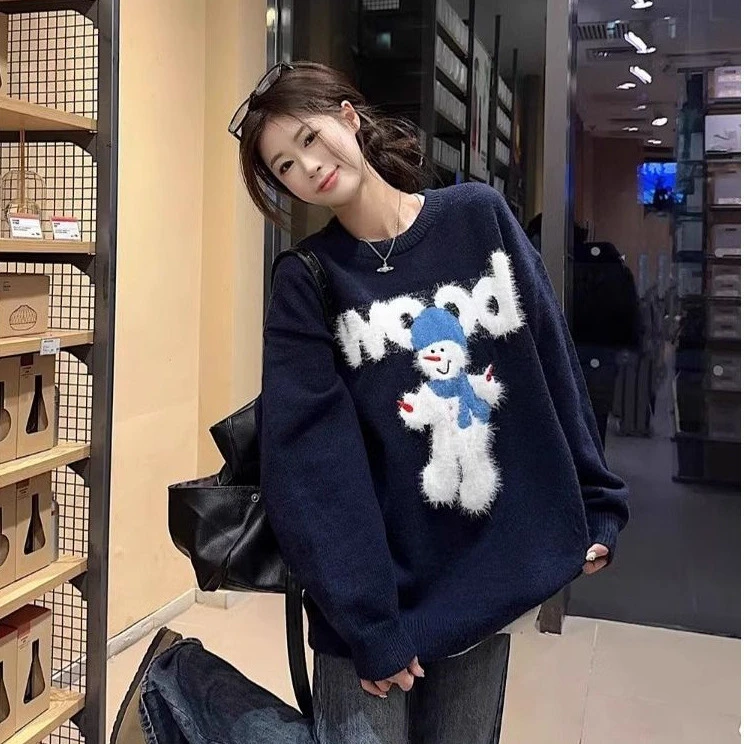 藏青色卡通小雪人慵懒风毛衣女秋冬圆领宽松软糯设计感套头毛衣女