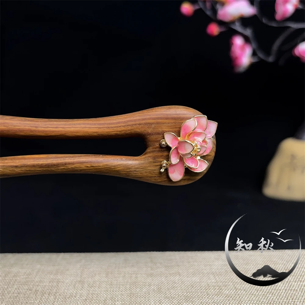 a600【夏荷】13公分绿檀木U型古风发簪荷花中国风简约气质日常发钗
