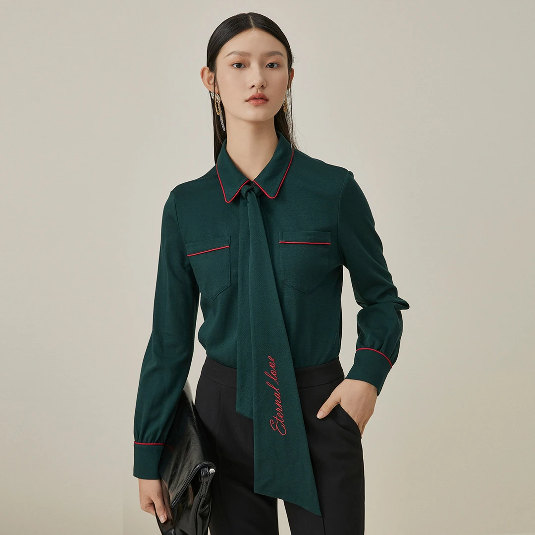 复古系带秋冬撞色衬衫女春秋季时尚字母刺绣翻领长331117-83475