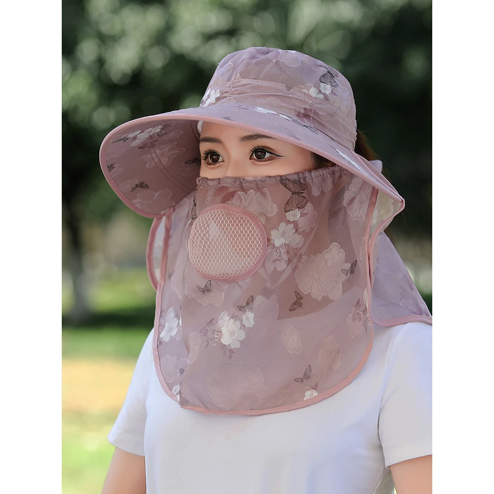 可拆卸面罩印花采茶帽子女春夏农用遮阳护颈脖大檐防晒帽可束马尾