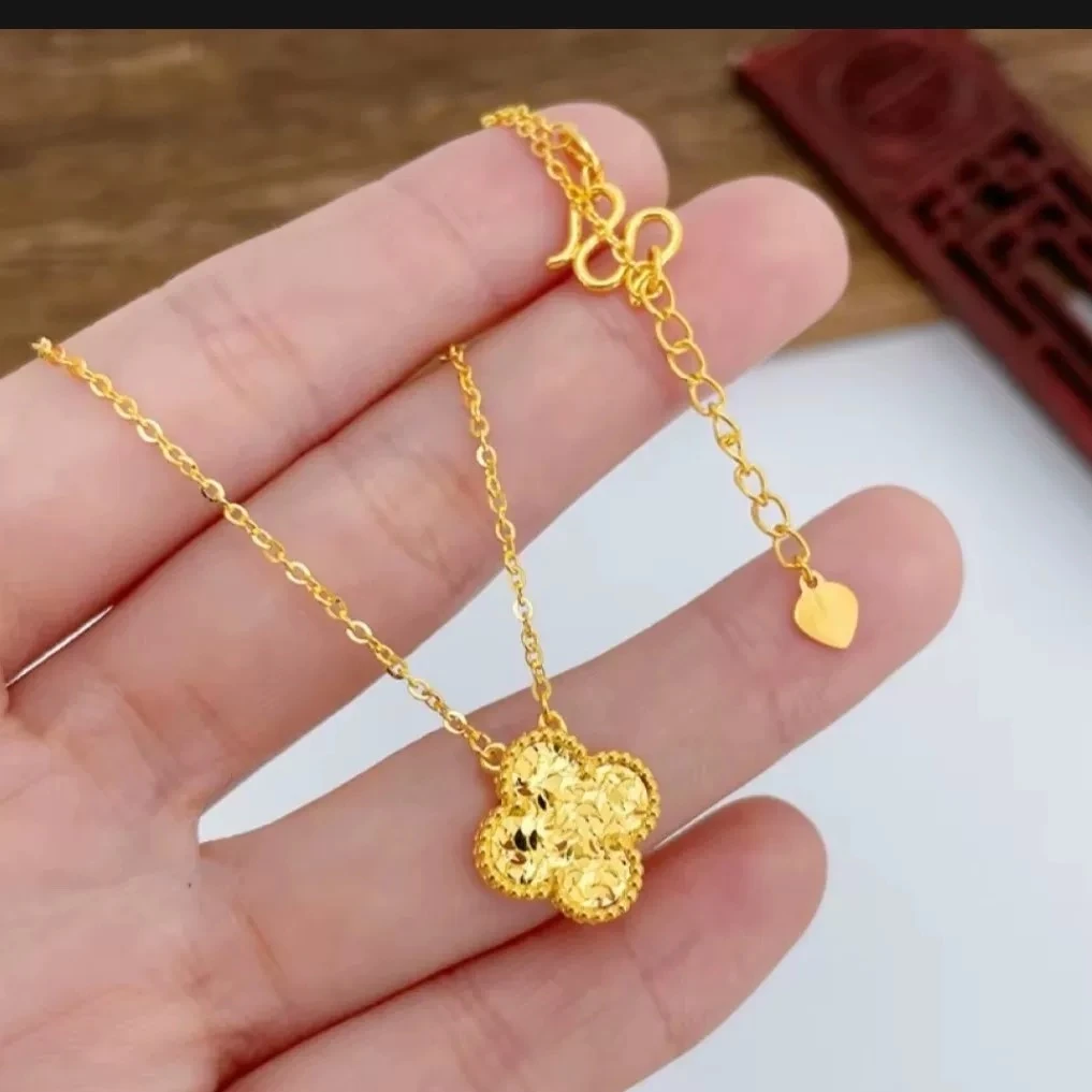 铜合金项链 金色碎冰冰中花四叶草项链镭射双面气质轻奢时尚