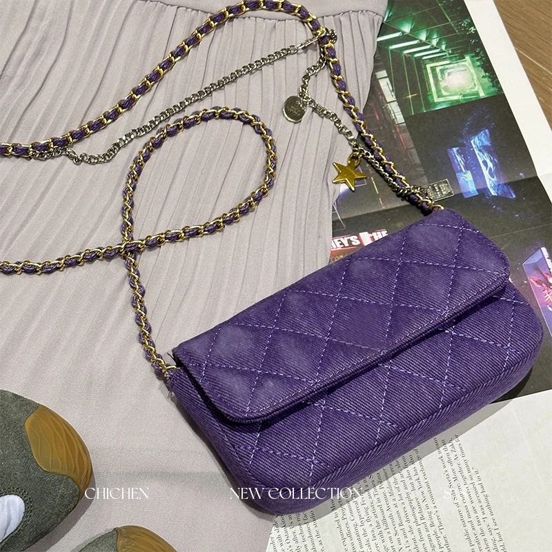 CHICHEN-牛仔布菱格链条包 单肩包 斜挎包