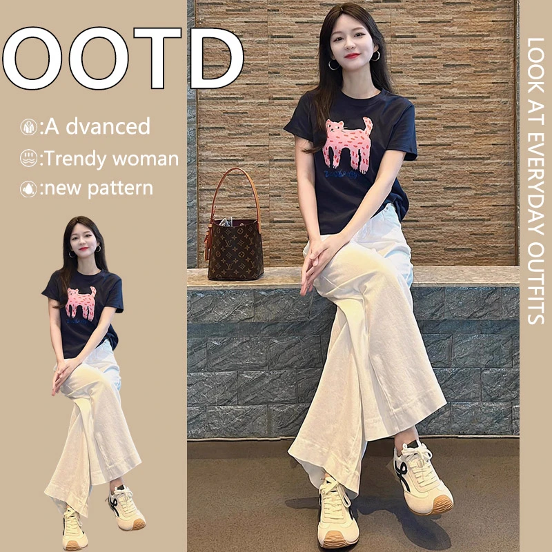 夏季搭配一整套高级感时尚洋气减龄卡通印花短袖T恤阔腿裤两件套