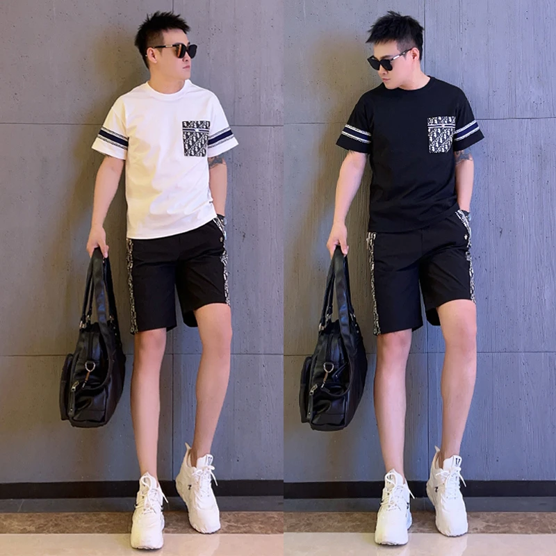 时尚百搭休闲男套装夏季新款简约拼接款式短袖短裤日常通勤两件套