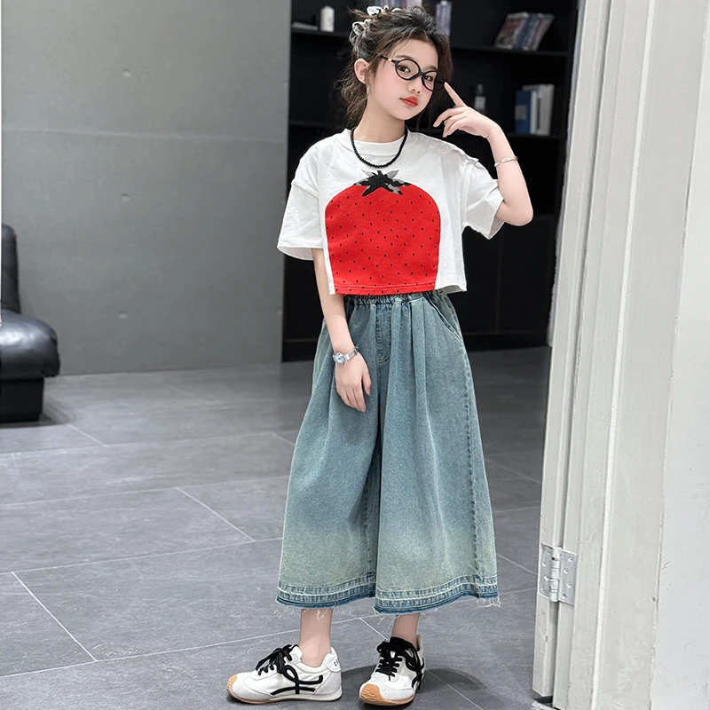 女童夏季短袖阔腿裤套装2025新款儿童洋气韩版宽松休闲两件套中大