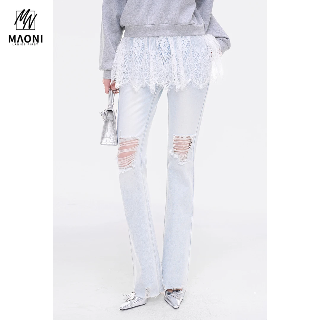 毛妮Peshe【破洞微喇牛仔裤】包臀设计感高腰毛边显瘦修身春L1364