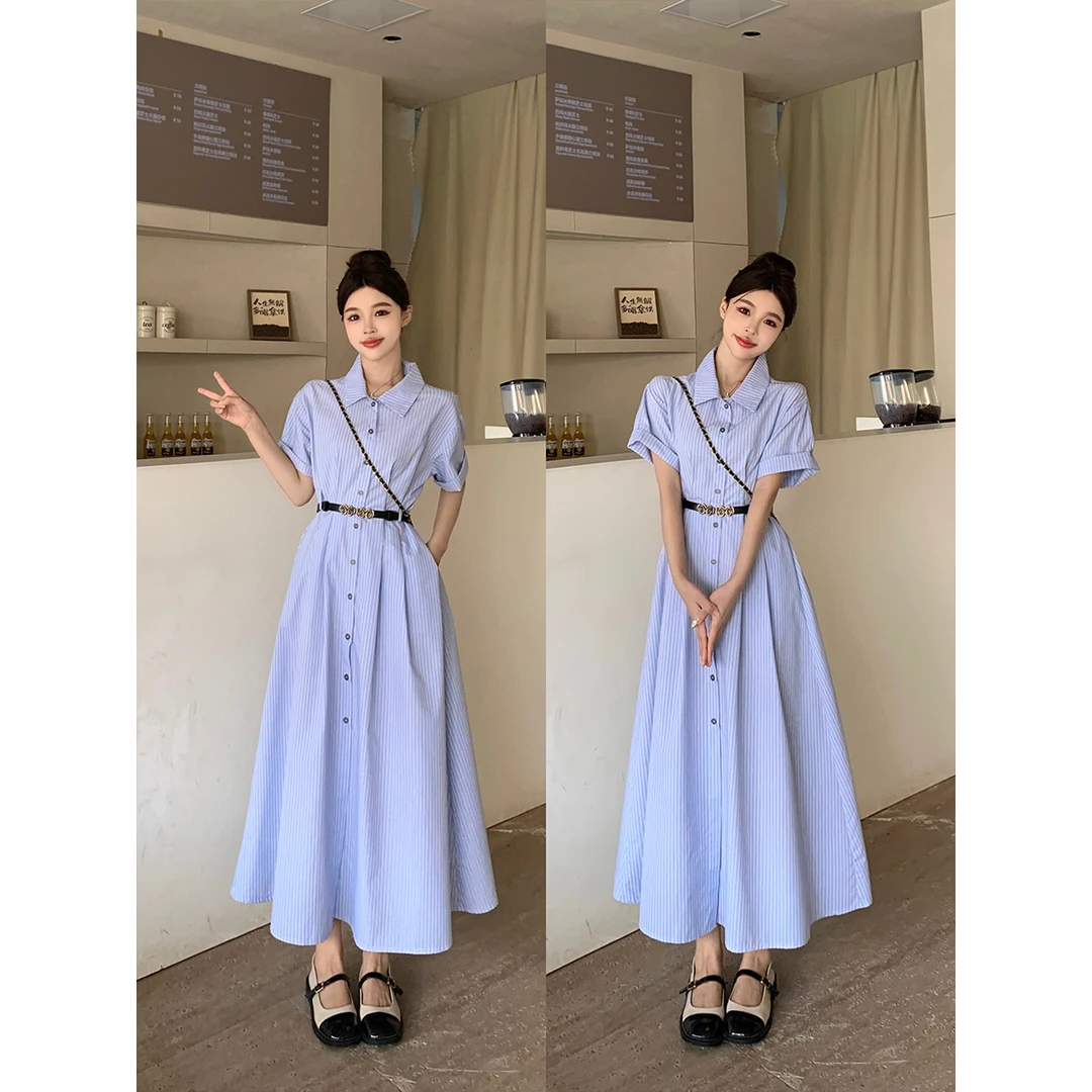 大码清冷冰岛蓝条纹层次感衬衫裙胖MM夏季法式气质长连衣裙