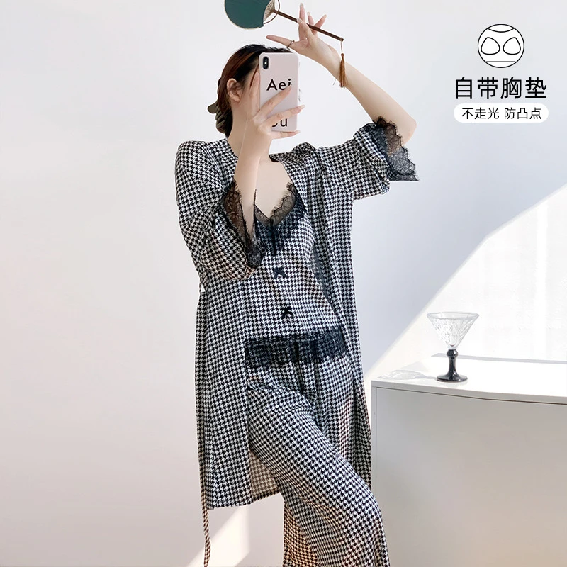 【芷间】安妮日记千鸟格春秋带胸垫三件套长袖长裤冰丝睡衣女家居服