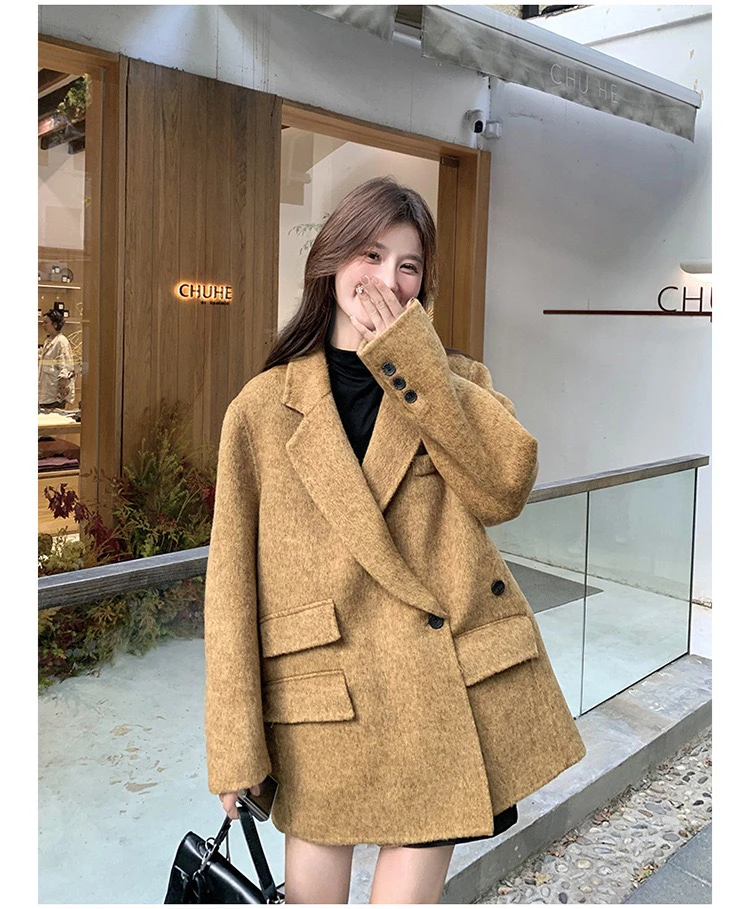 秋冬双面羊绒大衣女短款小众西服款气质灰色高级毛呢