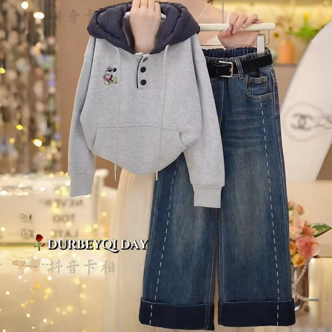 DURBEYQI/朵贝奇女童2025秋季新款连帽卫衣加厚牛仔裤套装5778