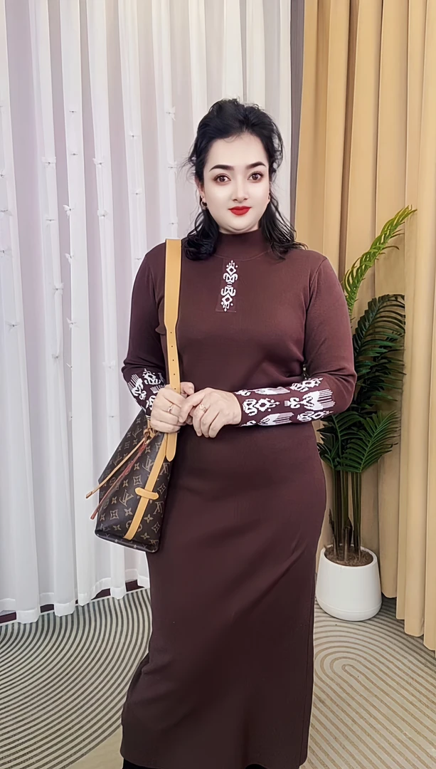 2024新款艾特莱斯针织连衣裙时尚大码女装长款提花修身民族风