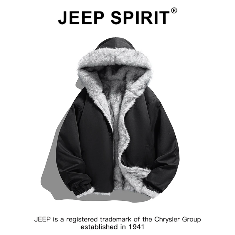 JEEPSPIRIT吉普毛领连帽棉衣男士冬季新款宽松加厚保暖双面穿外套