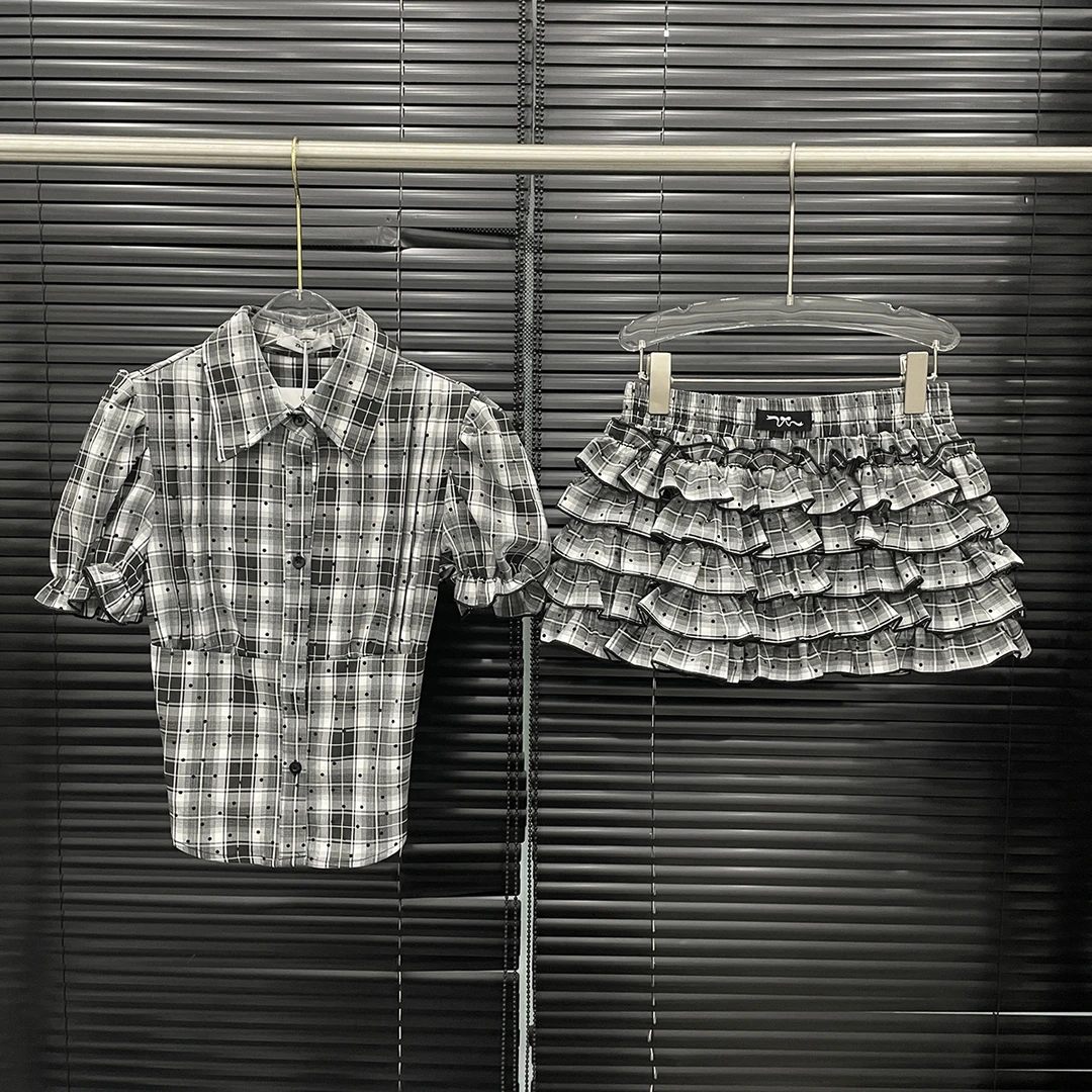 付新博女装格子时尚套装女小众设计短款衬衫+蛋糕短裙两件套13931