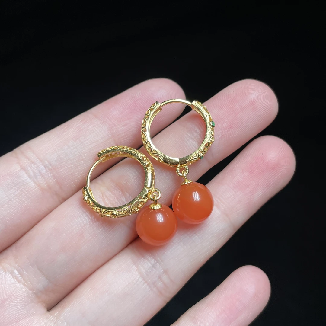 【玉总珠宝】925银南红圆珠耳坠-约9mm 多样性发一 CAN2730180