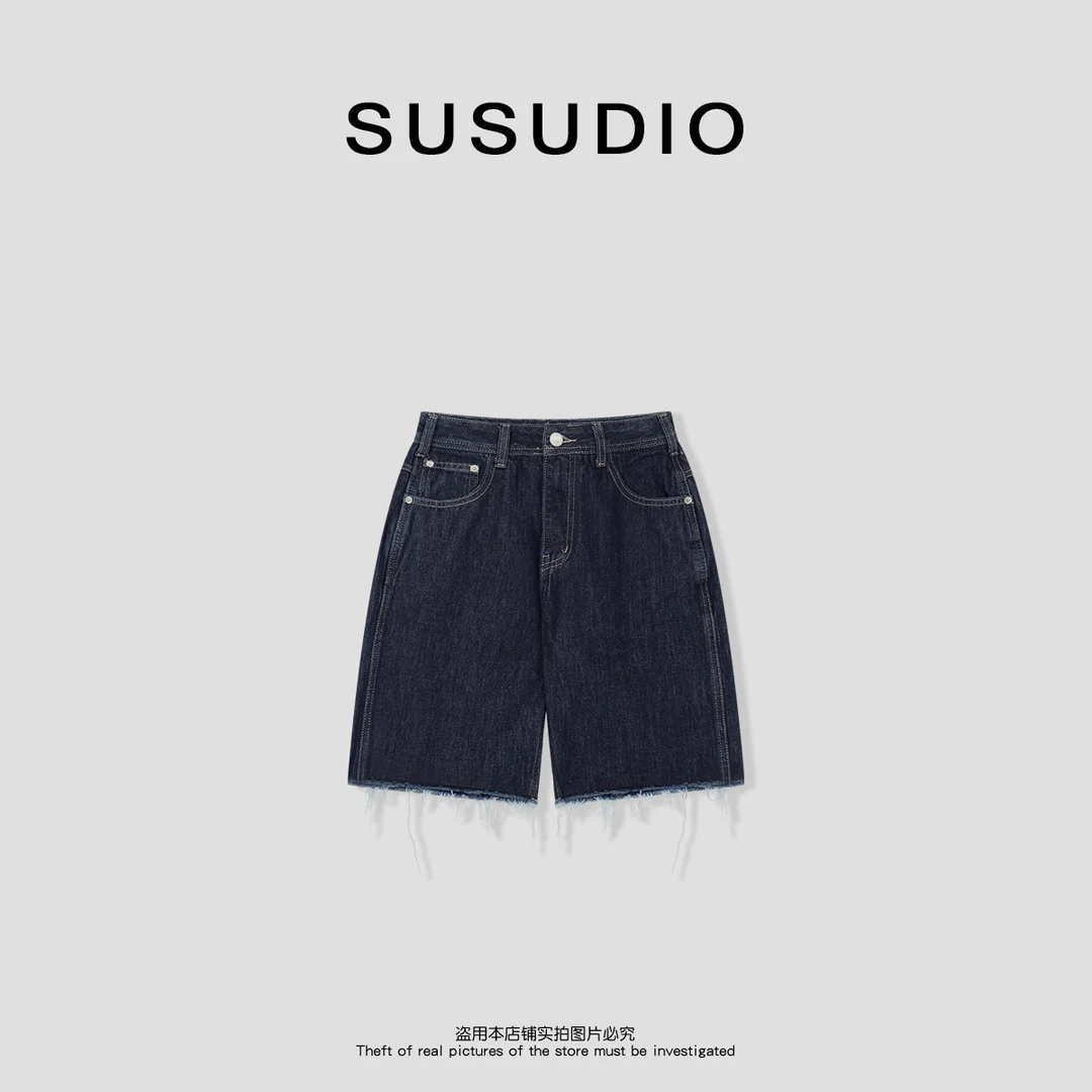 SUSUDIO 100棉 夏季水洗毛边宽松直筒五分裤牛仔裤 40494