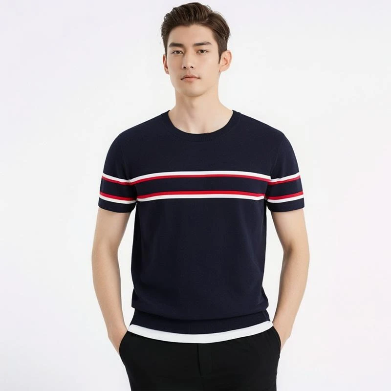 法尔利格夏季冰丝轻薄短袖男士商务时尚拼色圆领百搭休闲针织衫