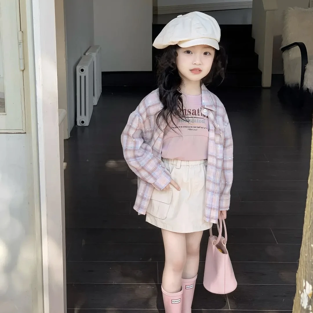 2025春款女童衬衫提花格子儿童休闲薄款长袖外套软糯百搭