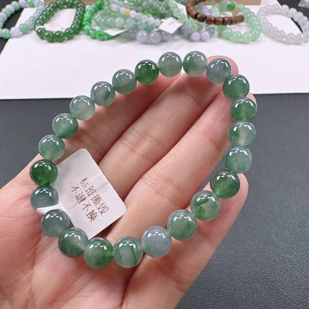 天然A货翡翠手串卡8mm老坑冰种水润飘绿圆珠单圈女士手串