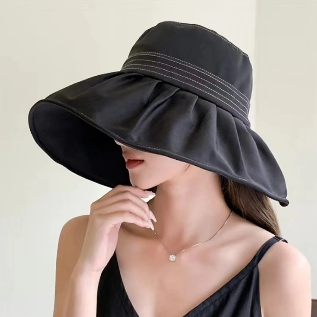 夏季大檐遮阳帽女士韩版防紫外线潮帽子户外透气防晒砖红色米白色