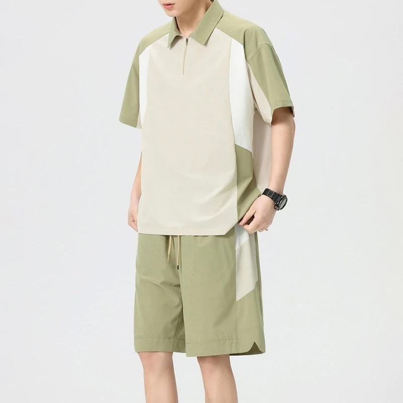夏季休闲套装男士薄款帅气搭配半拉链polo衫运动百搭短裤两件套