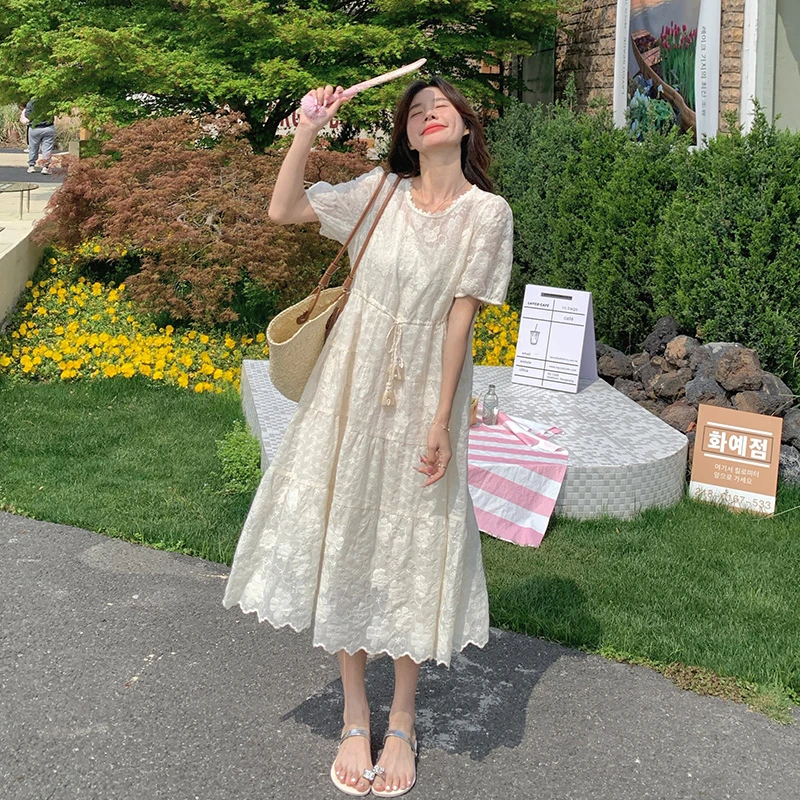 法式时尚设计感蕾丝连衣裙女夏季超好看高级感慵懒风宽松短袖长裙