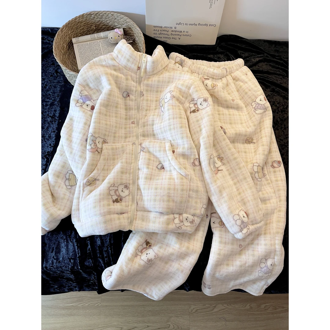 格纹小狗保暖加厚家居服睡衣套装女秋冬2025新款立领长袖上衣裤子